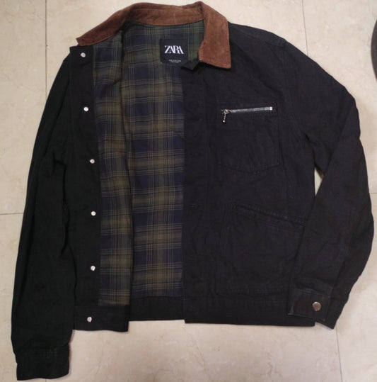 ZARA Black Cotton Jacket with Corduroy Collar – Men’s Casual Outerwear